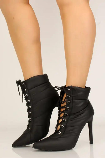 Black Puffer Pointy Toe Lace-Up Heel Booties - AMIClubwear