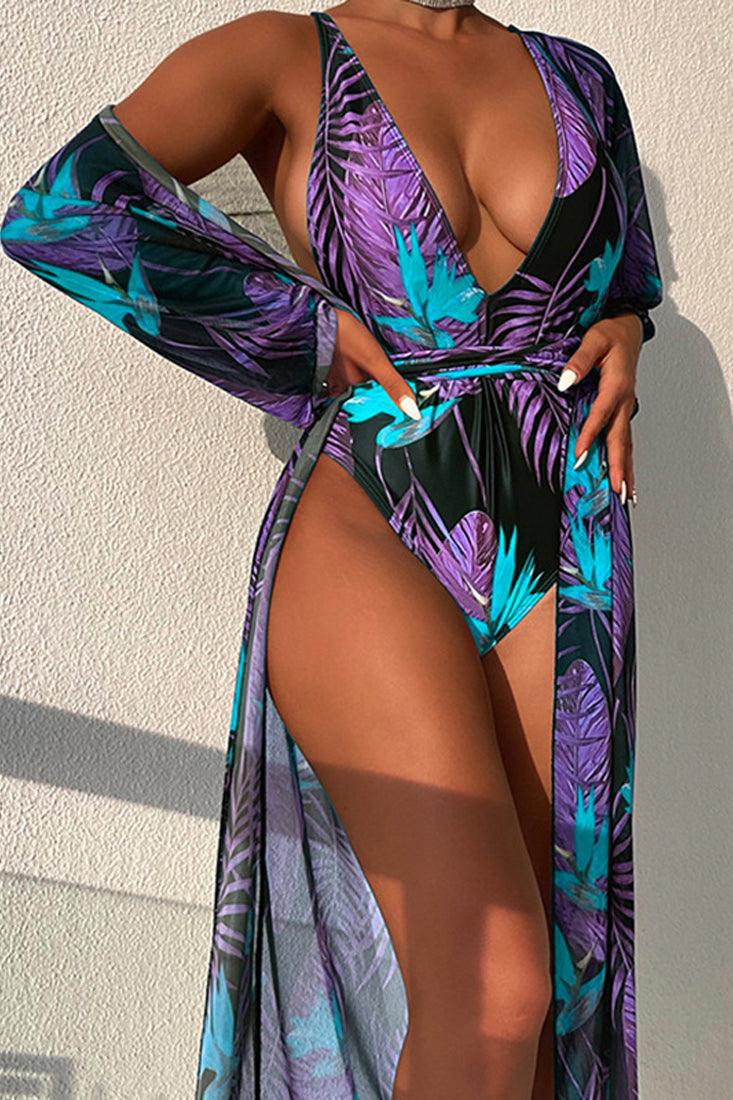 Black Purple Tropical Print Two Piece Monokini Swim & Cover-up Set - AMIClubwear