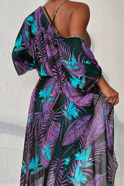 Black Purple Tropical Print Two Piece Monokini Swim & Cover-up Set - AMIClubwear