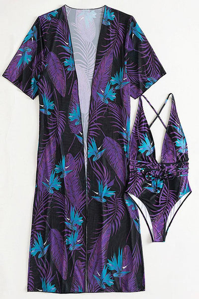 Black Purple Tropical Print Two Piece Monokini Swim & Cover-up Set - AMIClubwear