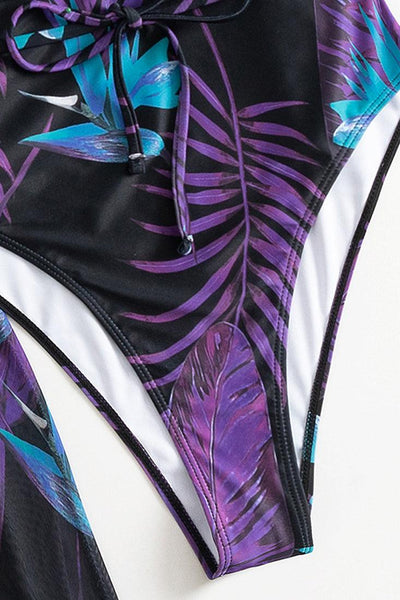 Black Purple Tropical Print Two Piece Monokini Swim & Cover-up Set - AMIClubwear