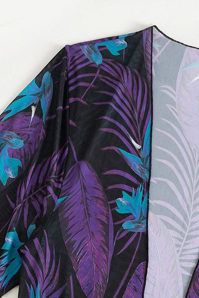 Black Purple Tropical Print Two Piece Monokini Swim & Cover-up Set - AMIClubwear