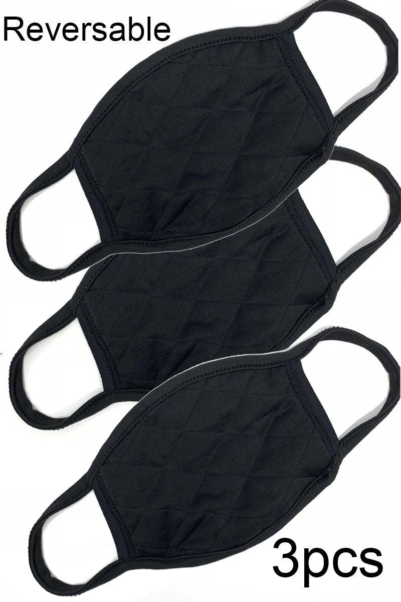 Black Quilted Reversible Washable 3 Piece Face Mask - AMIClubwear