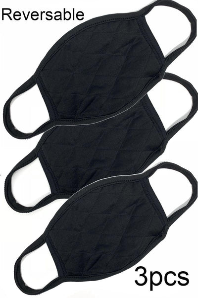 Black Quilted Reversible Washable 3 Piece Face Mask - AMIClubwear