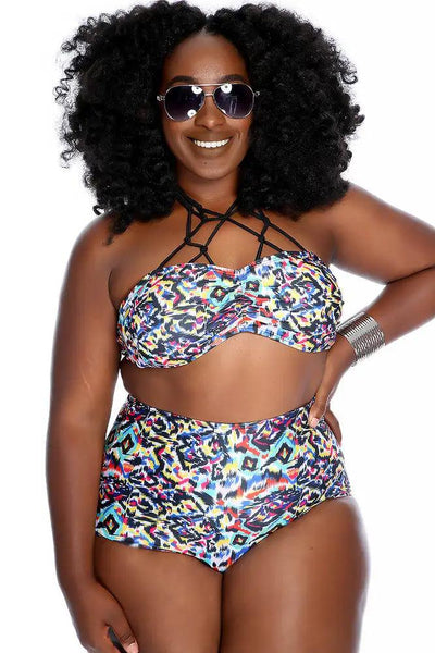 Black Rainbow Halter Strappy Ruched High Waist Two Piece Swimsuit Plus - AMIClubwear