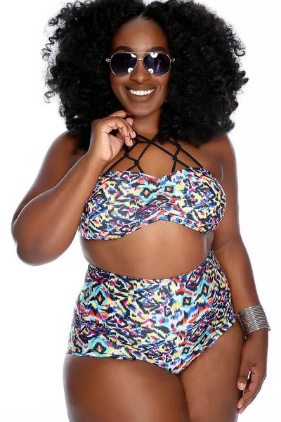 Black Rainbow Halter Strappy Ruched High Waist Two Piece Swimsuit Plus - AMIClubwear