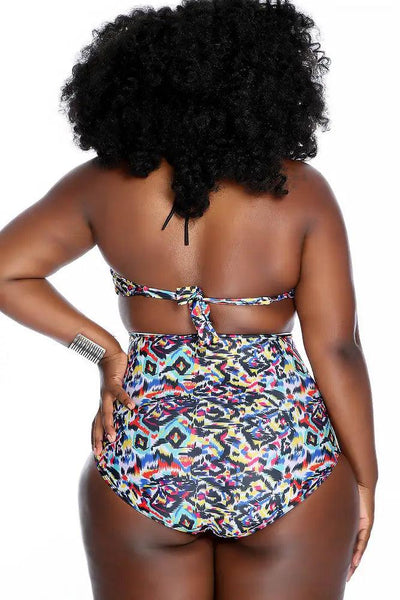 Black Rainbow Halter Strappy Ruched High Waist Two Piece Swimsuit Plus - AMIClubwear