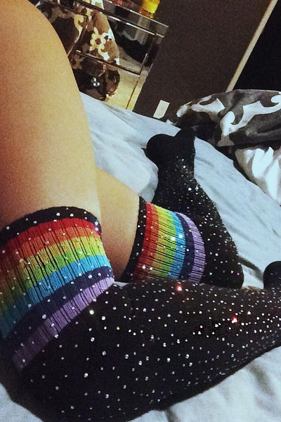 Black Rainbow Striped Rhinestone Thigh High Socks - AMIClubwear