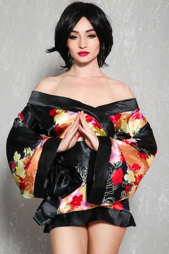Black Red Floral Print Sexy Geisha 3 Piece Costume - AMIClubwear