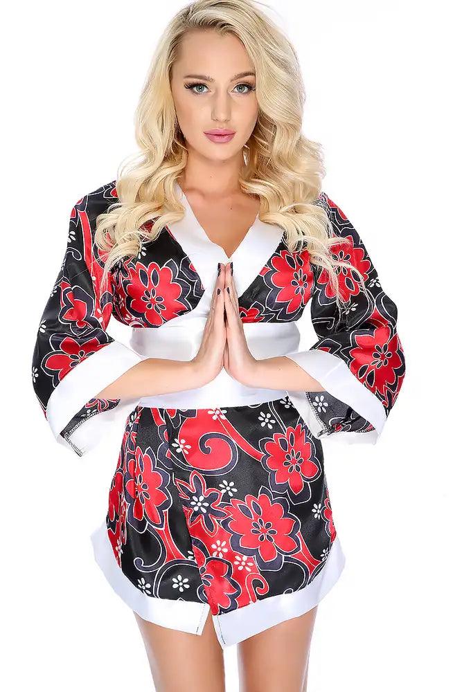 Black Red Floral Print Traditional Japanese Kimono 3pc Sexy Costume - AMIClubwear