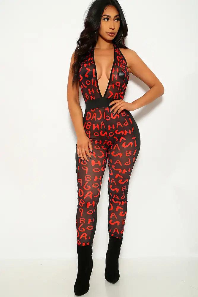 Black Red Graphic Print Jumpsuit - AMIClubwear