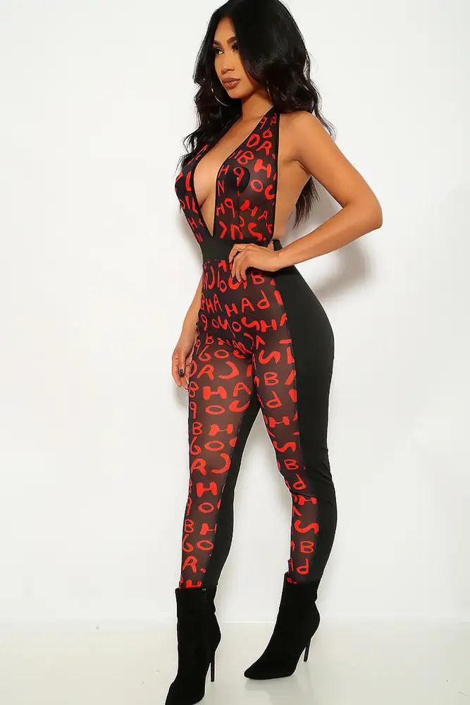 Black Red Graphic Print Jumpsuit - AMIClubwear