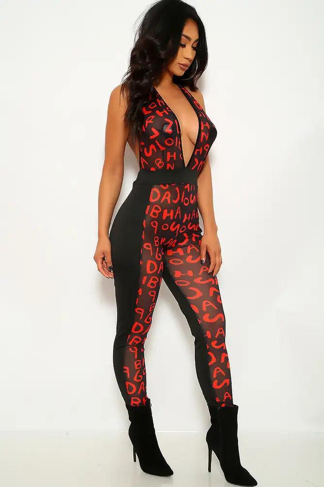 Black Red Graphic Print Jumpsuit - AMIClubwear