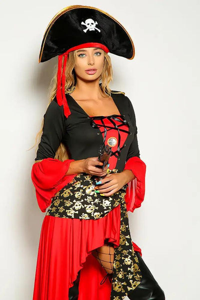 Black Red Long Sleeve Skull Print Two Piece Pirate Costume - AMIClubwear