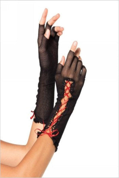 Black Red Netted Lace Up Fingerless Gloves - AMIClubwear