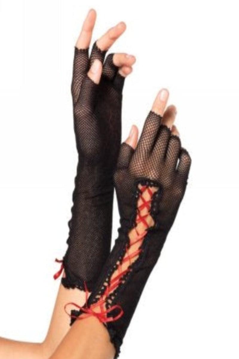 Black Red Netted Lace Up Fingerless Gloves - AMIClubwear