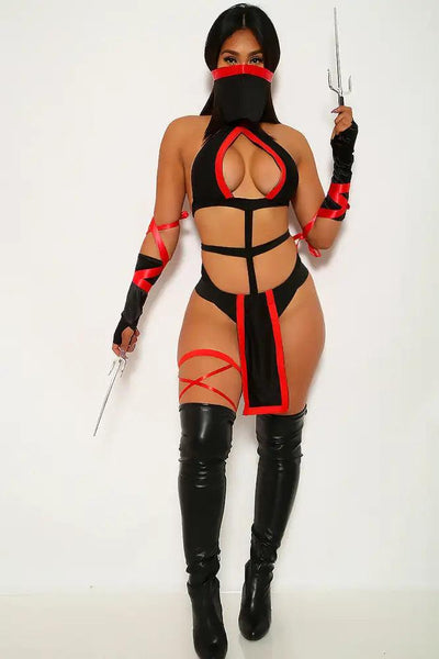 Black Red Ninja Assassin Deadly 5 Piece Halloween Costume - AMIClubwear