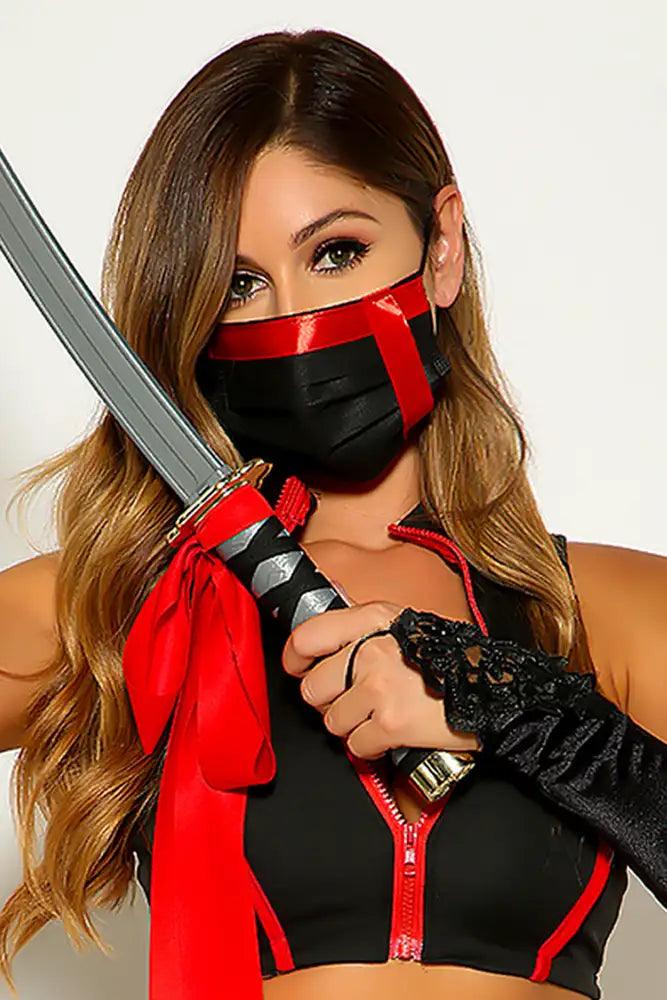 Black Red Ninja Strap Mask Costume Accesory - AMIClubwear