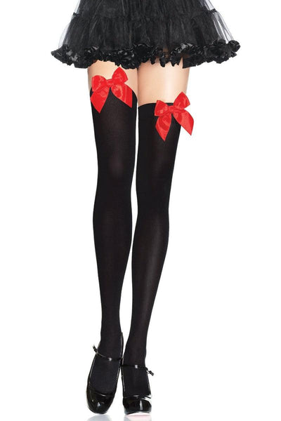Black Red Opaque Satin Bow Thigh Highs - AMIClubwear