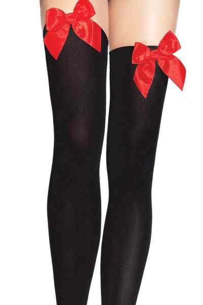 Black Red Opaque Satin Bow Thigh Highs - AMIClubwear