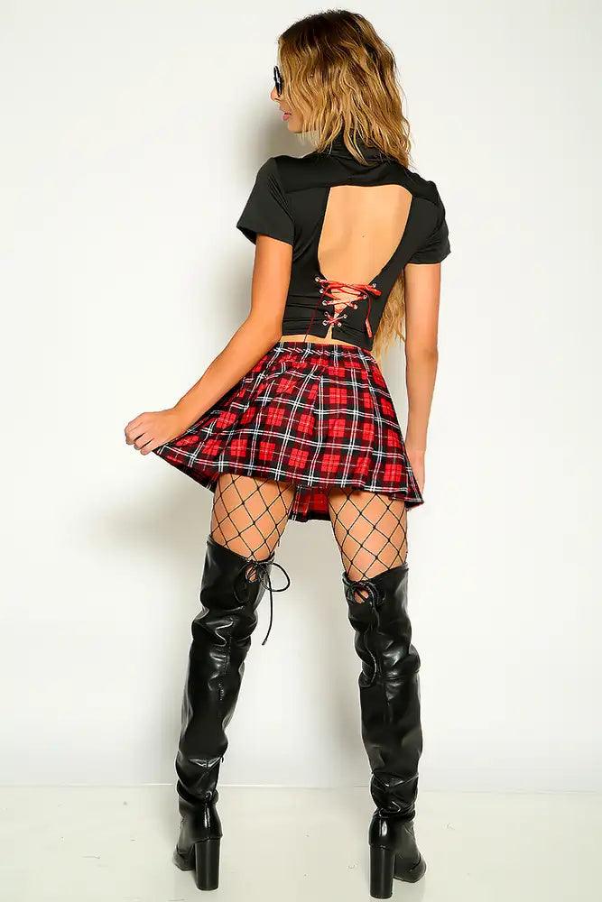 Black Red Plaid Zip Up Short Sleeve 3 Piece School Girl Costume - AMIClubwear