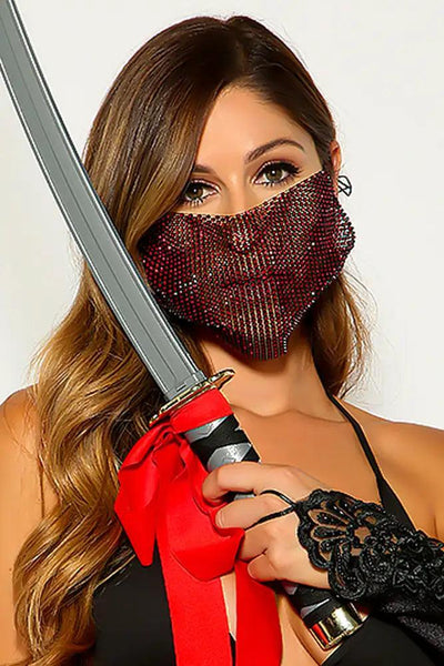 Black Red Rhinestones Ninja Face Mask - AMIClubwear