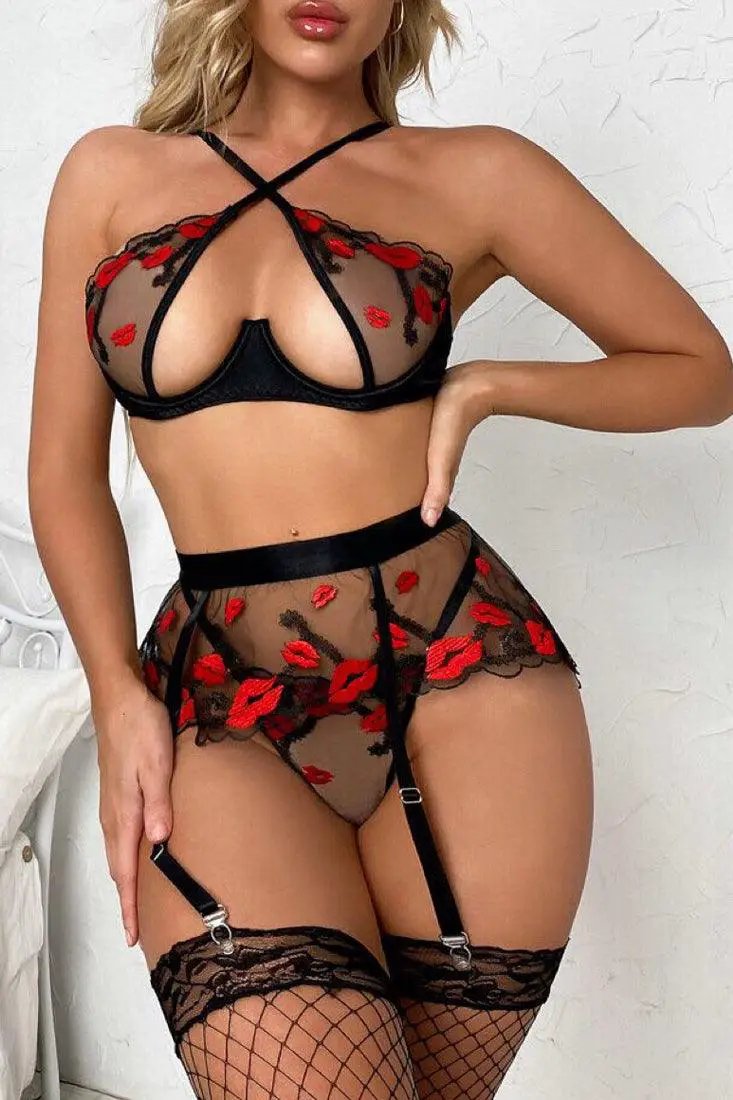 Black Red Sexy Lips Criss-Cross Mesh Lingerie 3 Pc Set