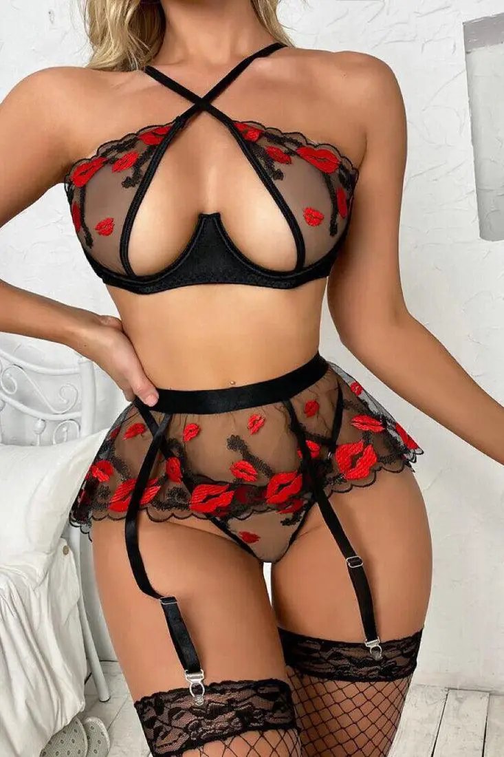 Black Red Sexy Lips Criss-Cross Mesh Lingerie 3 Pc Set