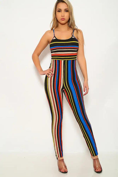 Black Red Striped Sleeveless Jumpsuit - AMIClubwear