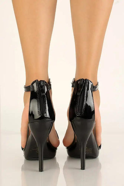 Black Rhinestone Accent Faux Leather Heels - AMIClubwear