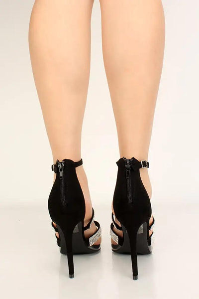 Black Rhinestone Accent Peep Toe High Heels - AMIClubwear