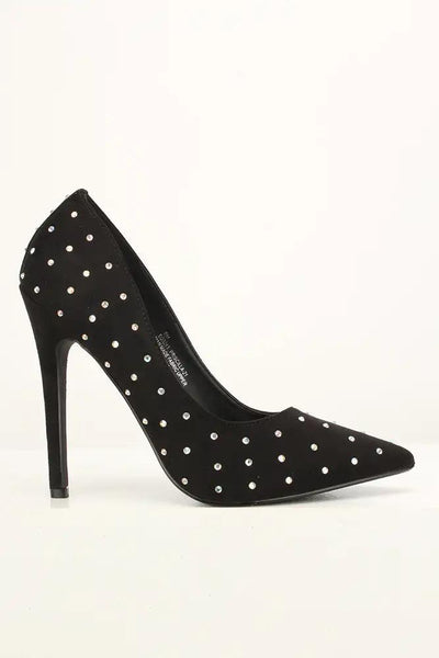 Black Rhinestone Accent Pointy Toe Heels - AMIClubwear