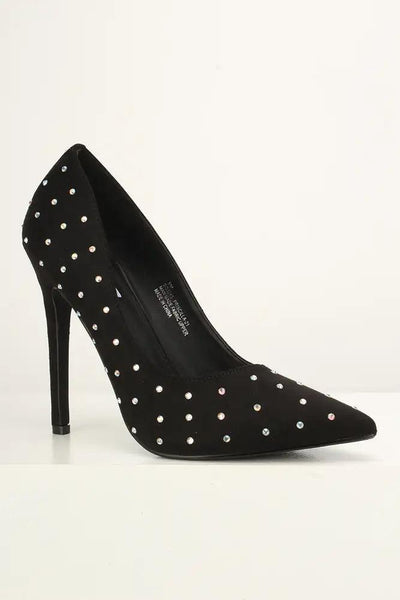 Black Rhinestone Accent Pointy Toe Heels - AMIClubwear