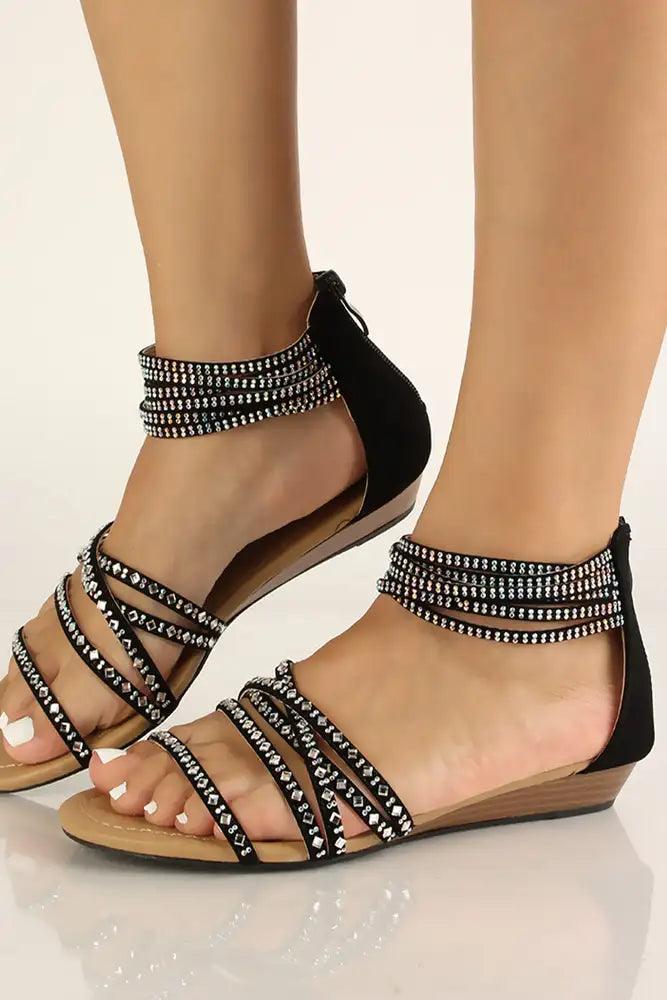 Black Rhinestone Accent Strappy Sandals - AMIClubwear