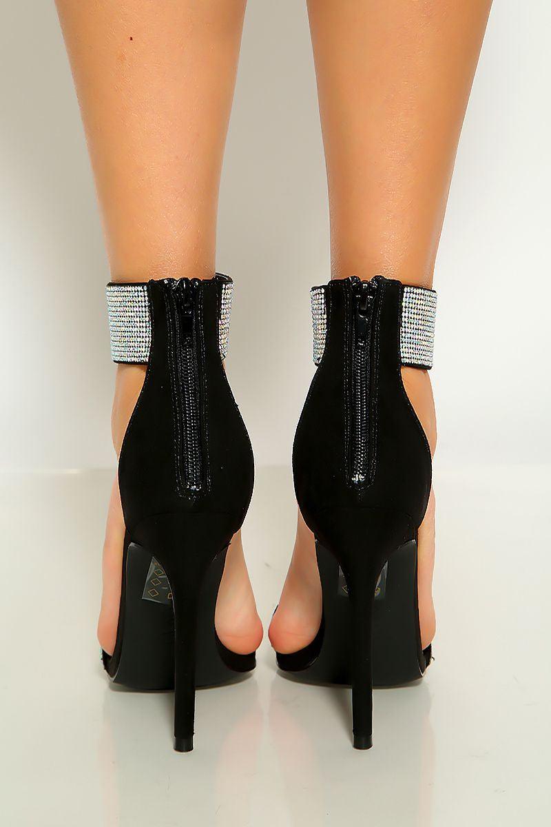 Black Rhinestone Ankle Strap Open Toe High Heels - AMIClubwear