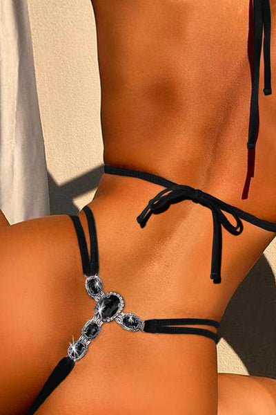 Black Rhinestone Back Accent Sexy Two Piece Swimsuit - AMIClubwear