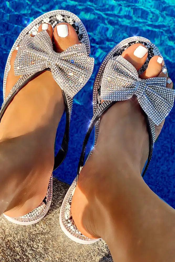 Black Rhinestone Bow Slip On Sandals - AMIClubwear