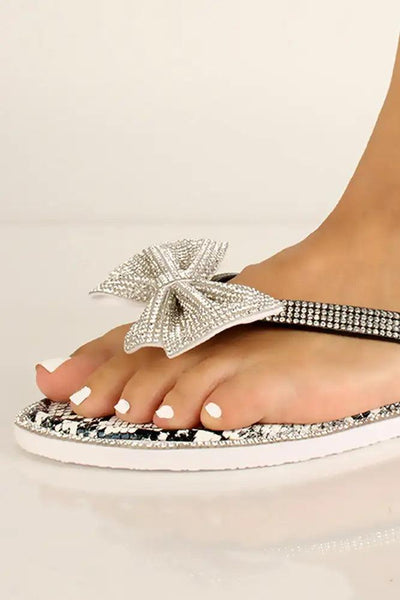 Black Rhinestone Bow Slip On Sandals - AMIClubwear