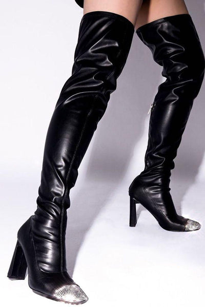 Black Rhinestone Closed Toe Thigh High Heels Boots Faux Leather - AMIClubwear