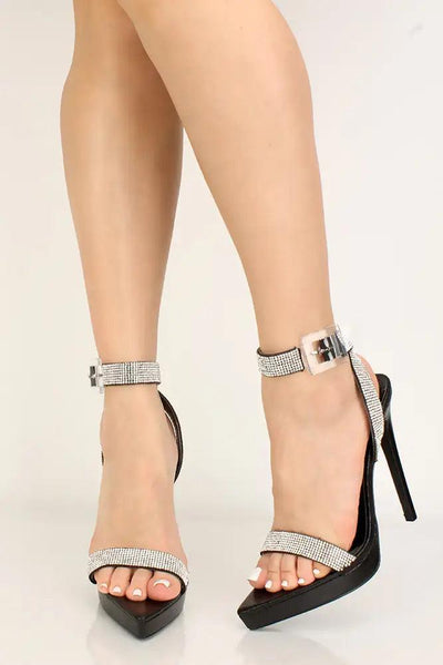 Black Rhinestone Detail Open Toe High Heels - AMIClubwear