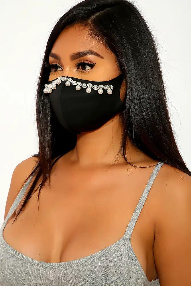 Black Rhinestone Faux Pearl Accent Face Mask - AMIClubwear