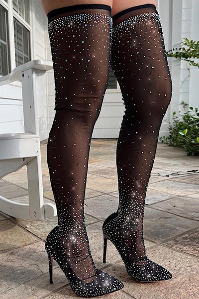 Black Rhinestone High Heels Stretchy Thigh Over The Knee Boots - AMIClubwear