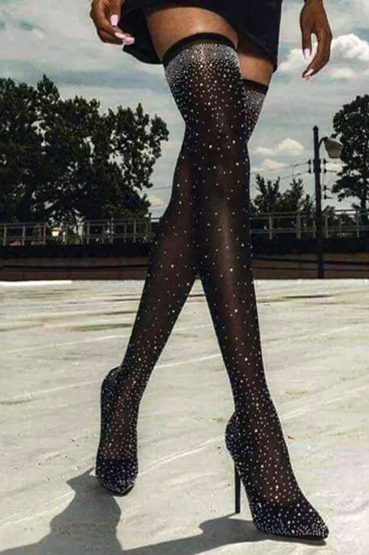 Black Rhinestone High Heels Stretchy Thigh Over The Knee Boots