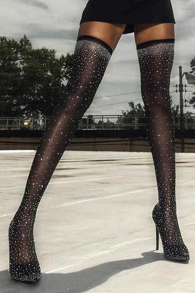 Black Rhinestone High Heels Stretchy Thigh Over The Knee Boots - AMIClubwear