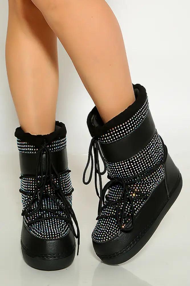 Black Rhinestone Lace Up Warm Moon Boot - AMIClubwear