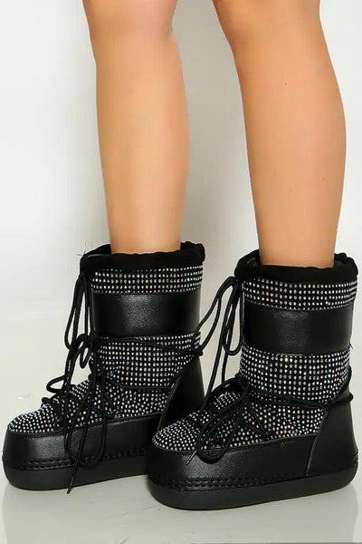 Black Rhinestone Lace Up Warm Moon Boot - AMIClubwear