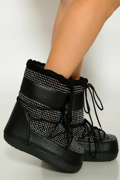 Black Rhinestone Lace Up Warm Moon Boot - AMIClubwear