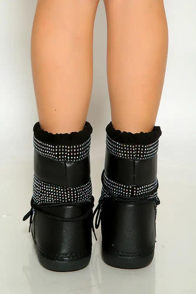 Black Rhinestone Lace Up Warm Moon Boot - AMIClubwear