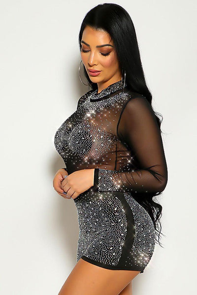 Black Rhinestone Long Sleeve Mesh Romper - AMIClubwear