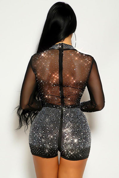 Black Rhinestone Long Sleeve Mesh Romper - AMIClubwear